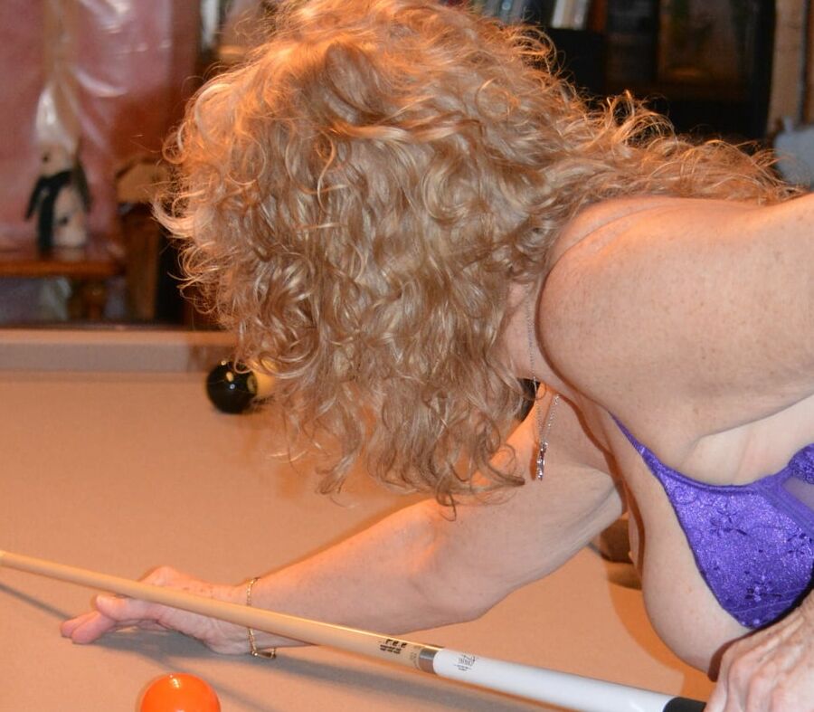 Playing pool in Purple Bustier