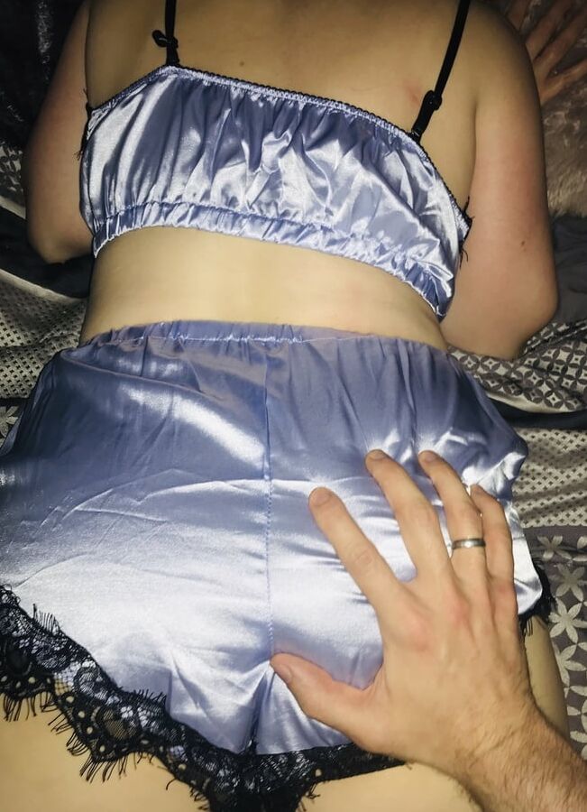 Wife in ice blue satin lingerie
