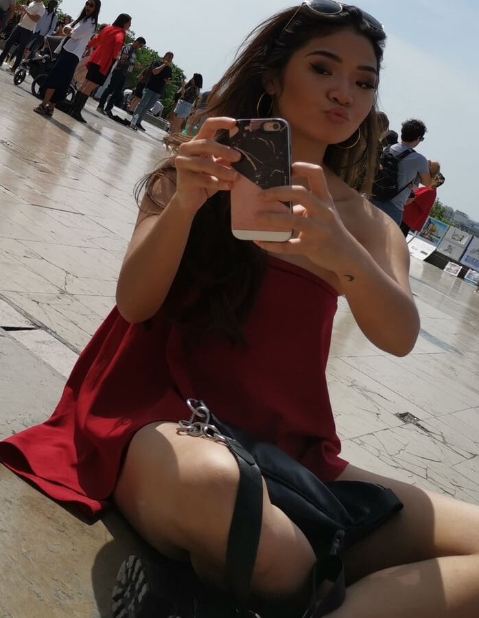 pretty asian in red dress, no bra