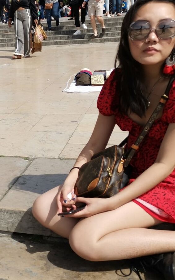pretty asian in red dress, no bra