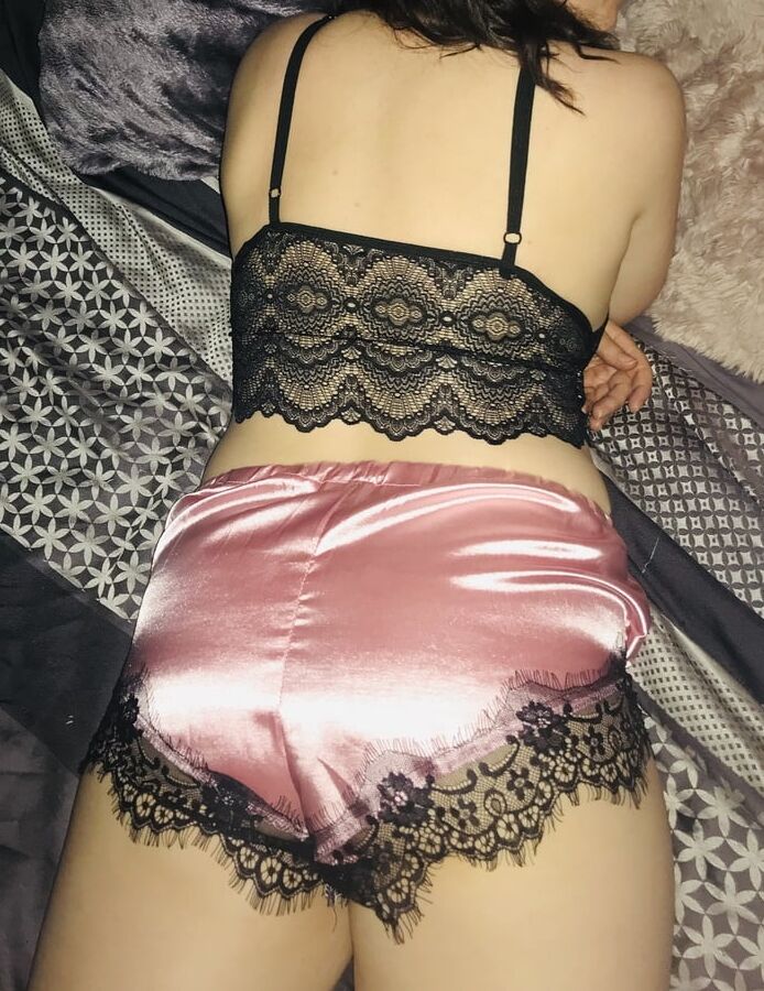 Wife in pink satin shorts