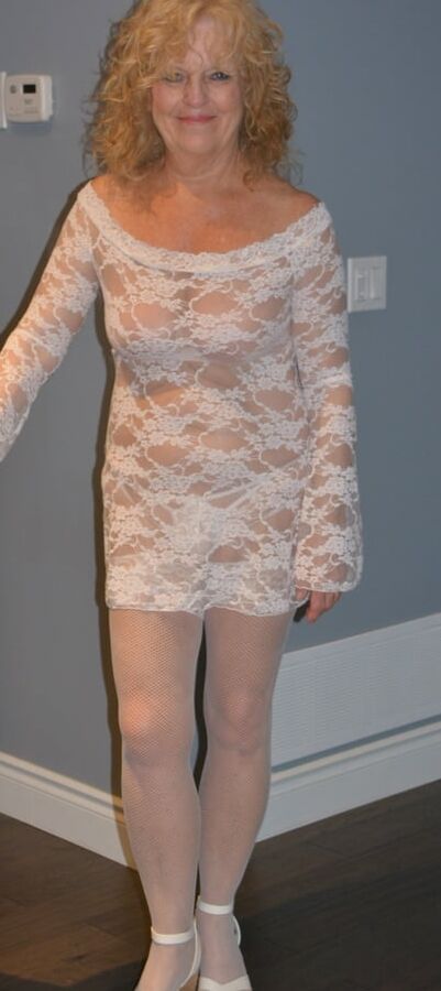White Lace Mini dress and while Nylons