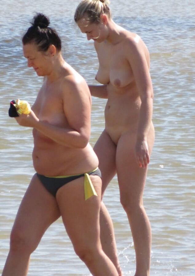 Embarrassed Nudist Slut on the Beach with Mom CFNF OON