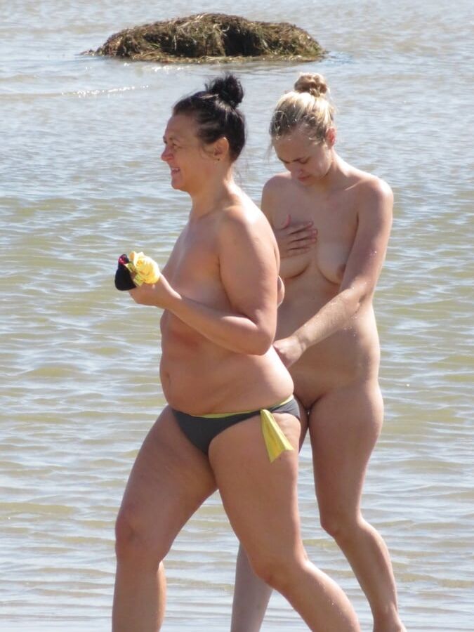Embarrassed Nudist Slut on the Beach with Mom CFNF OON