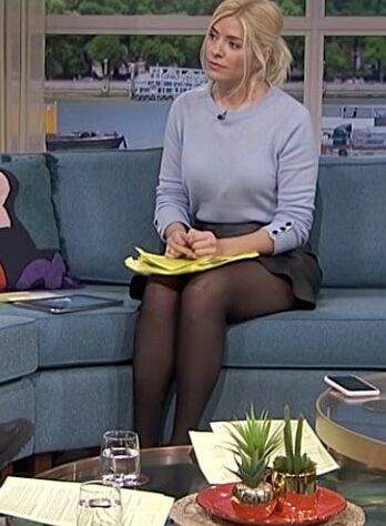 Sexy Holly Willoughby in leather mini skirt