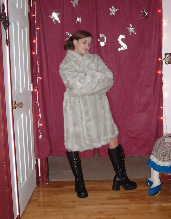 Girl in fur coat flashing