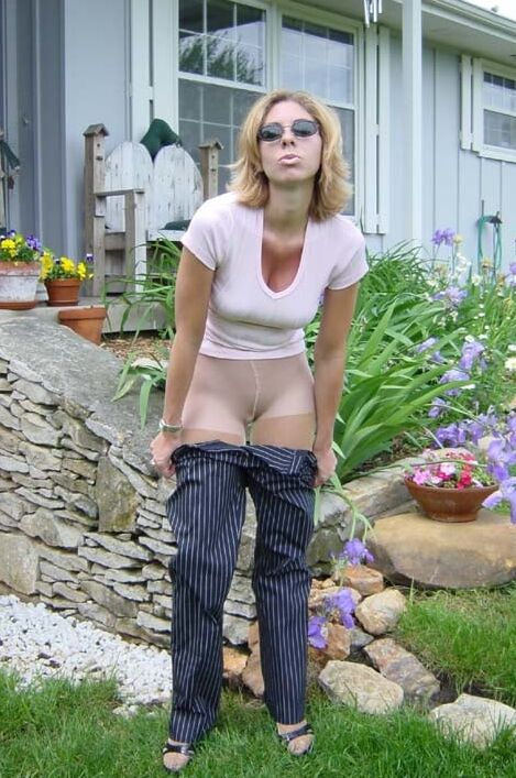 Blue Pinstripe Pants And Beige Pantyhose