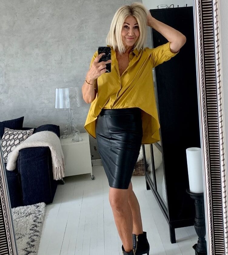 Hot Danish mature mom in leather skirts