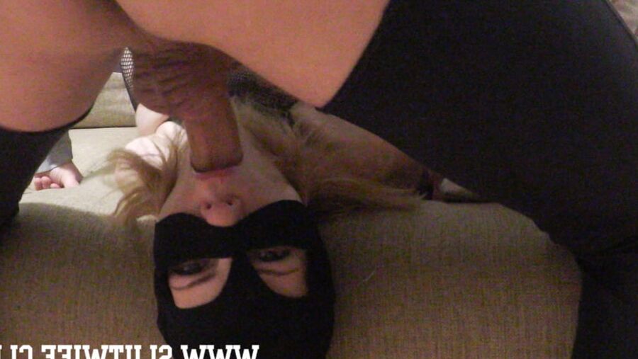 Masked and bound whore gets a quick rough facefuck and cum