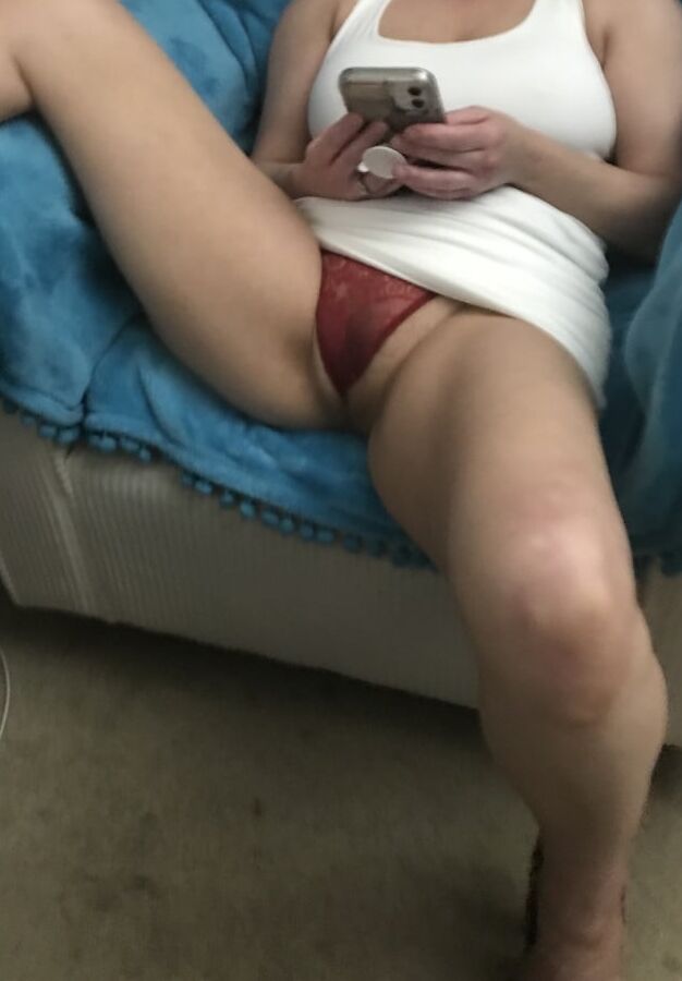 See my Sexy Red Panties &amp; Hairy Pussy American Milf