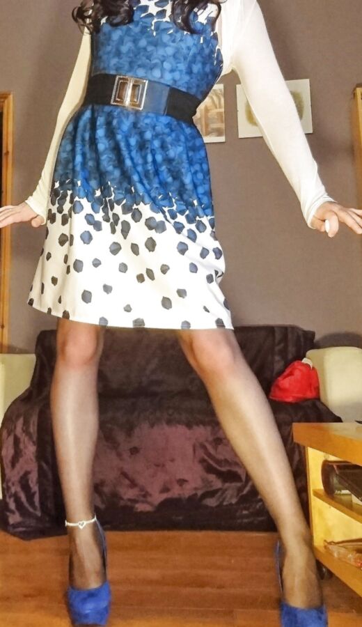 Marie crossdresser blue dress and sheer pantyhose