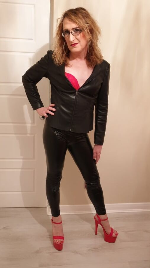 Black Tight PVC Leather Look and Huge Heels Essex Girl Lisa