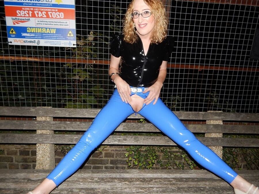 Public Flashing in Blue Latex Jeans and Black Latex Top