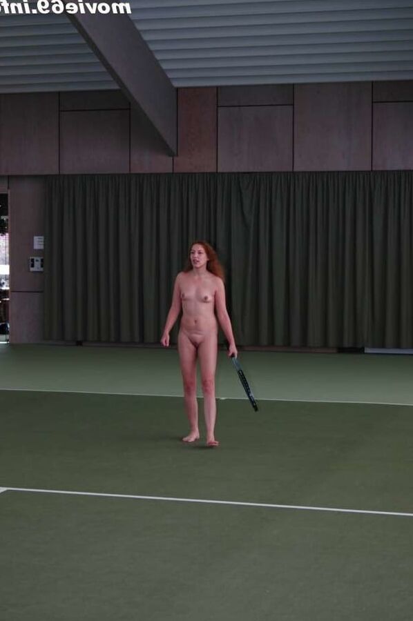 Nathalie plays naked tennis in a tennis hall