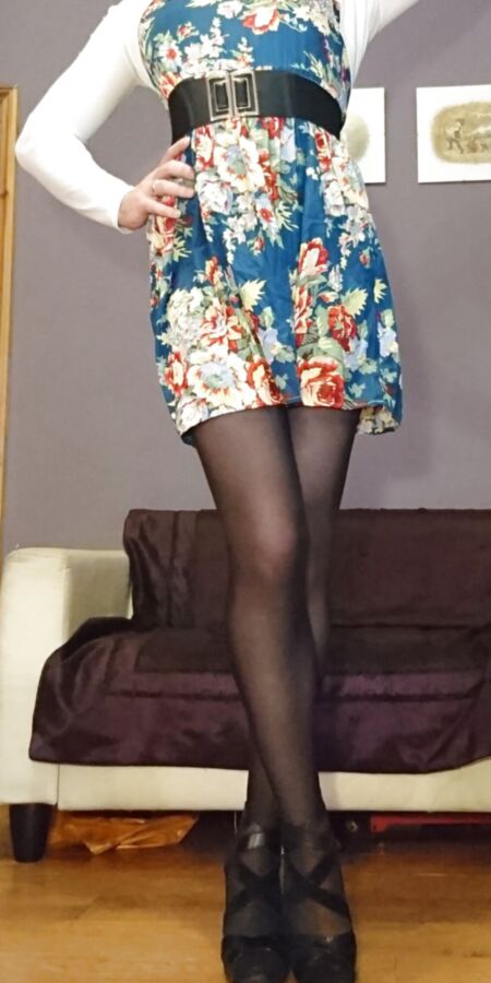 Marie crossdresser in opaque pantyhose and floral dress