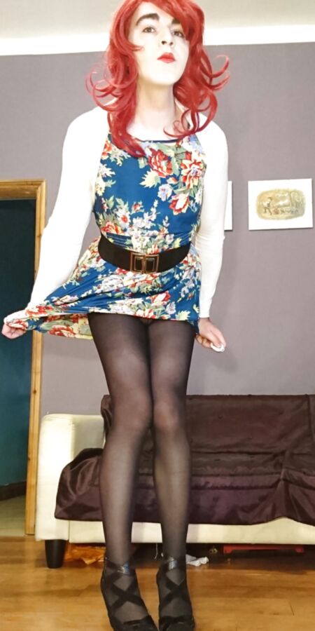 Marie crossdresser in opaque pantyhose and floral dress