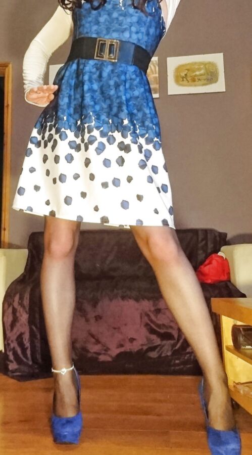 Marie crossdresser blue dress and sheer pantyhose