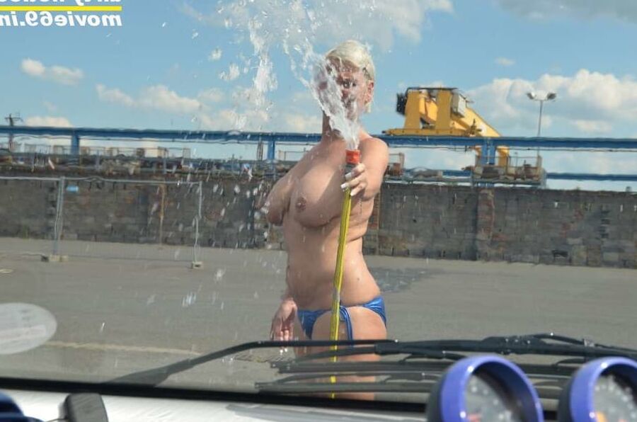 Jill Summer at the carwash in a bikini and topless