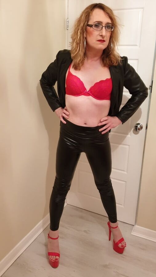 Black Tight PVC Leather Look and Huge Heels Essex Girl Lisa