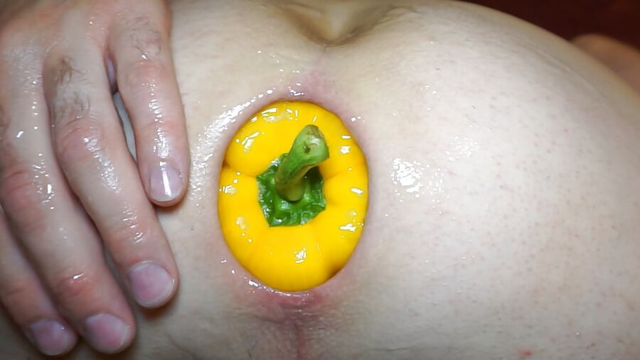 My asshole spread by giant pepper to a huge gape hole
