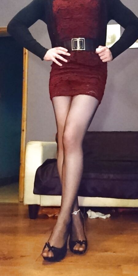 Marie crossdresser in red lace dress and sheer pantyhose