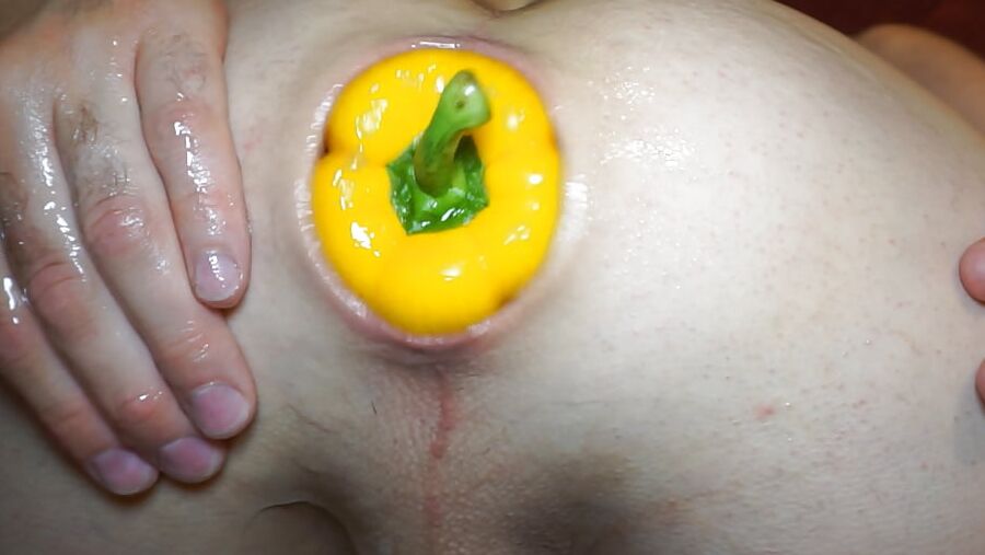 My asshole spread by giant pepper to a huge gape hole