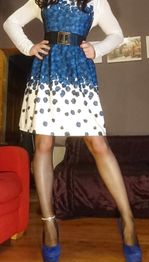 Marie crossdresser blue dress and sheer pantyhose