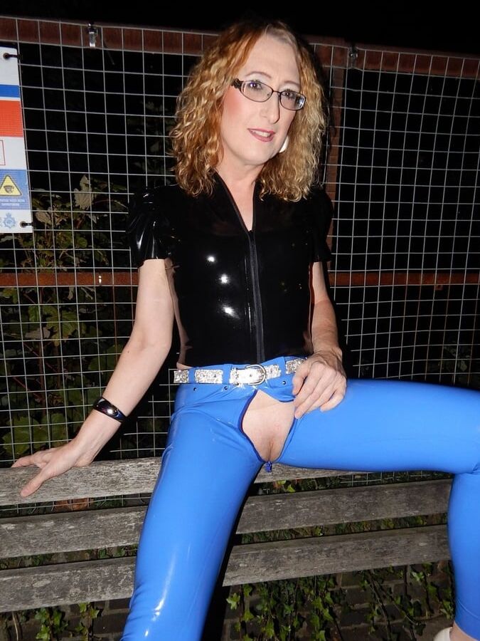 Public Flashing in Blue Latex Jeans and Black Latex Top