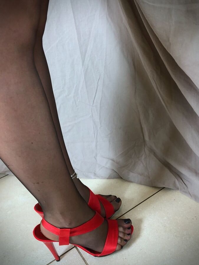 Nylon Stockings and Red sandals Heels
