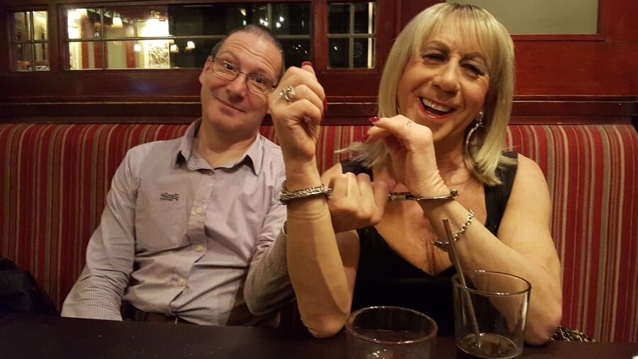 Lisa and Pauline in Handcuffs in the pub with Mike and John