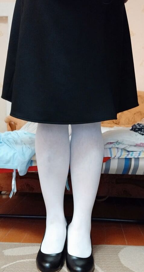 white tights &amp; black skirt