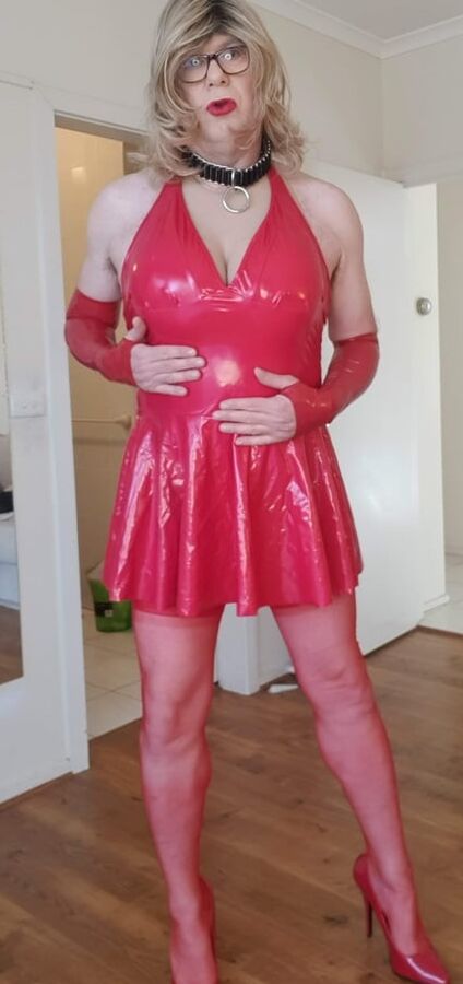 Rachel Wears Red PVC Dress