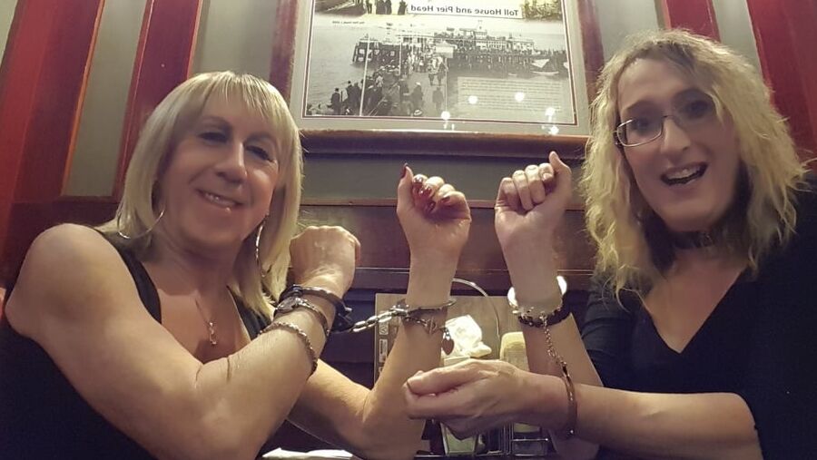 Lisa and Pauline in Handcuffs in the pub with Mike and John