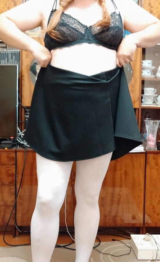 white tights &amp; black skirt