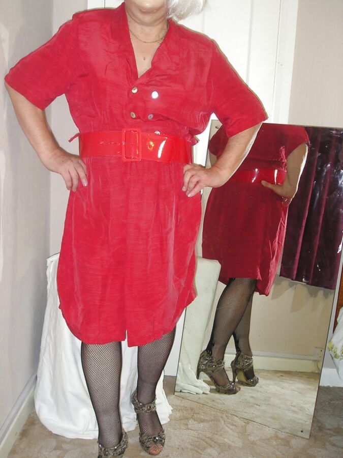 Marie crossdresser in red dress and opaque tights