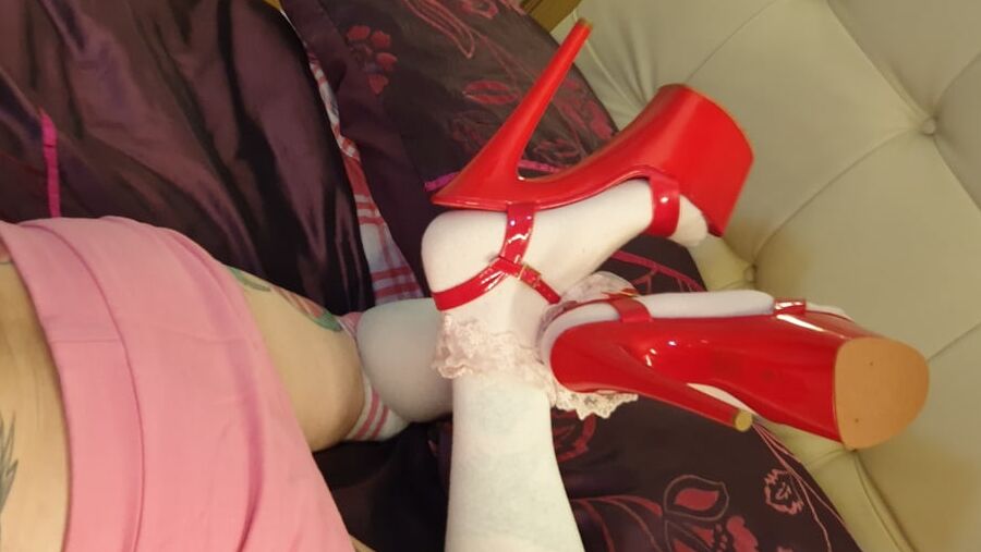 Charlotte the TGirl in Pink with Whore Heels and Gaping Arse