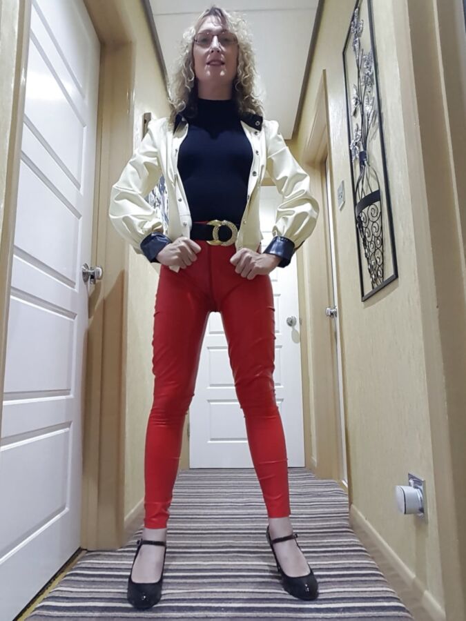 White latex jacket and red latex trousers