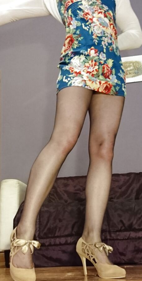 Marie crossdresser in sheer pantyhose and floral dress
