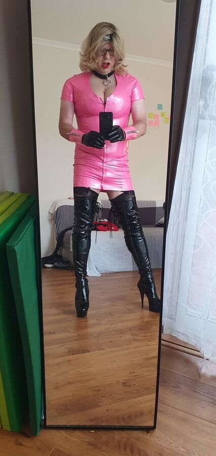 Rachel in pretty pink latex, black thigh boots