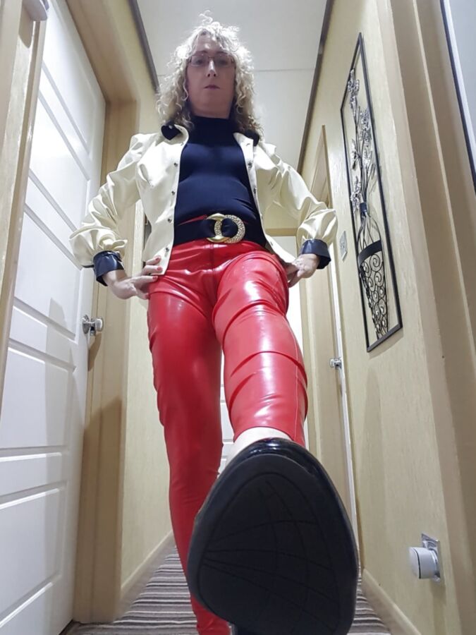 White latex jacket and red latex trousers