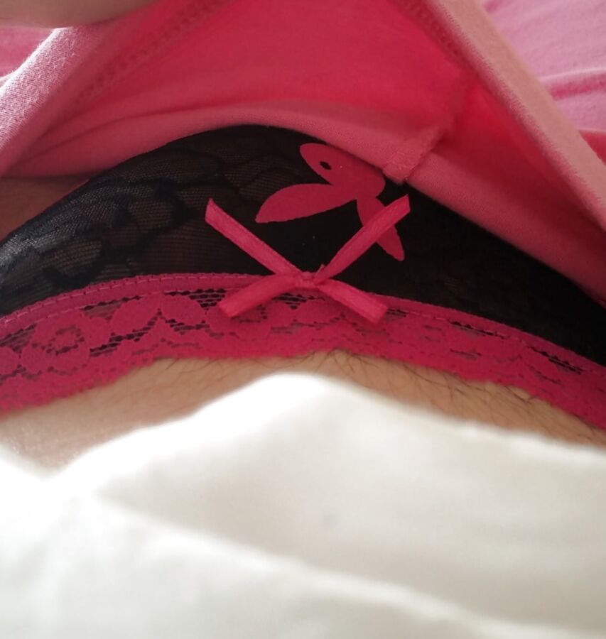 Pink Yoga Pants and Pink-Black Playboy Lace Panties