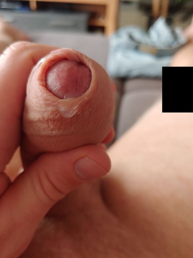 My uncut cock again, with precum in and out of pants