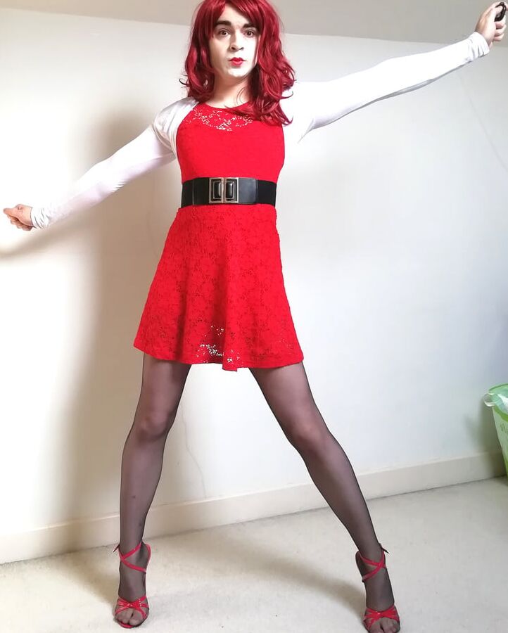 Marie crossdresser in red dress and super sheer pantyhose