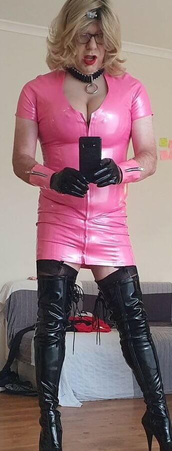 Rachel in pretty pink latex, black thigh boots