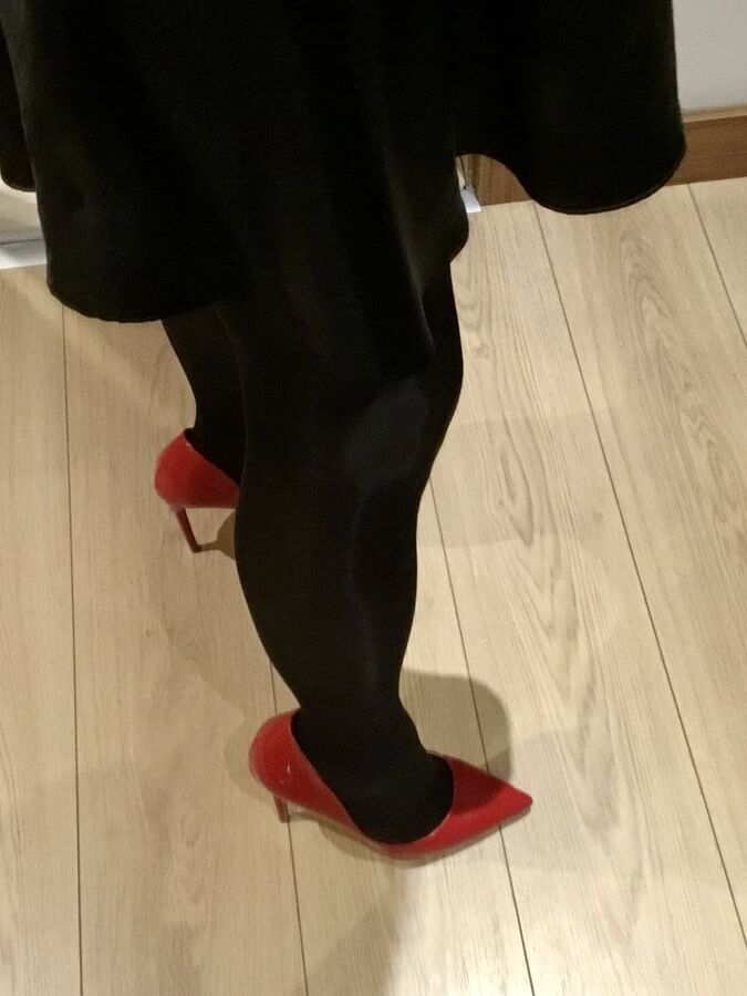 Shiny Black Tights &amp; Red Heels