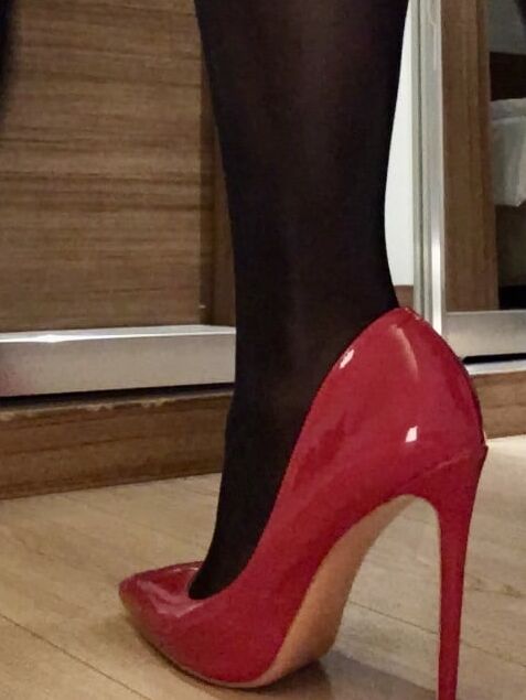 Shiny Black Tights &amp; Red Heels