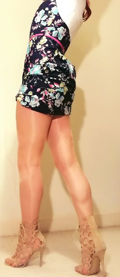 Marie crossdresser in summer dress and shiny pantyhose