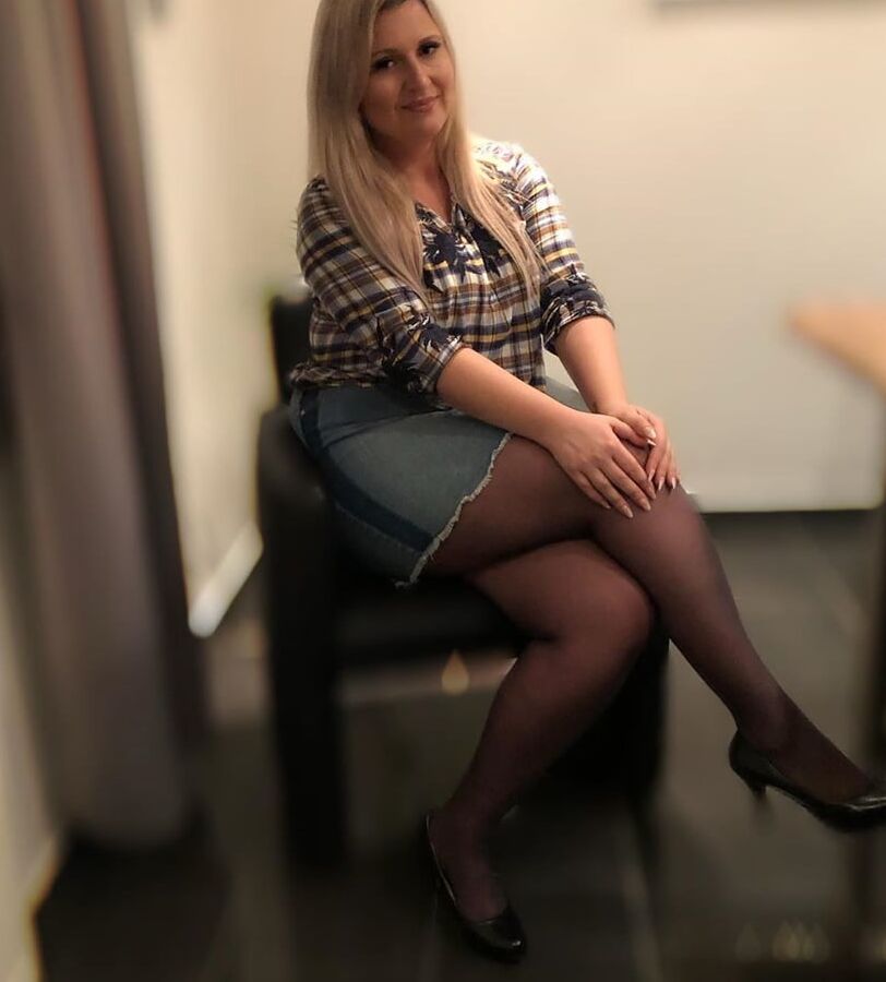 amateur blond mom in short dress and nylon