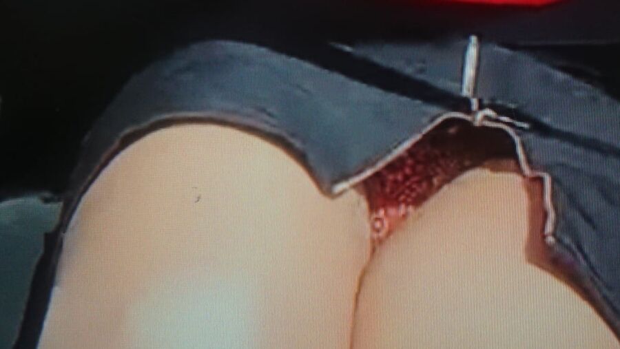 Tan Stockings and panty upskirt in race car
