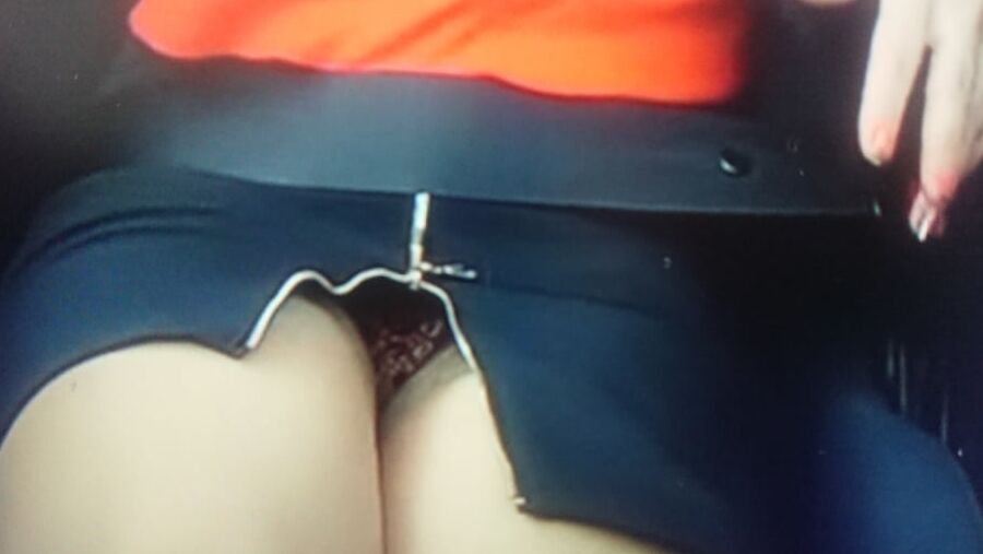 Tan Stockings and panty upskirt in race car